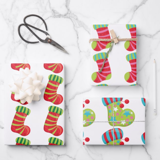 Festive Christmas stockings on white patterns Wrapping Paper Sheets (Front)