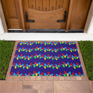Festive Christmas String Lights on Blue Doormat