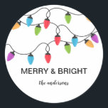 Festive Christmas String Lights Personalized Classic Round Sticker<br><div class="desc">Festive Christmas string lights with modern and script font,  MERRY & BRIGHT,  name sticker.</div>