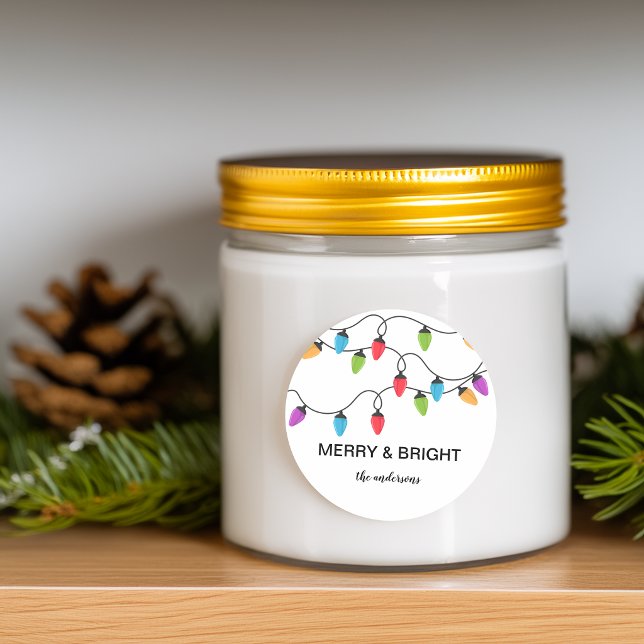 Festive Christmas String Lights Personalized Classic Round Sticker (Festive Christmas String Lights Personalized Classic Round Sticker)