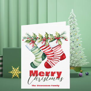 Festive Christmas Striped Stockings with Greenery Card