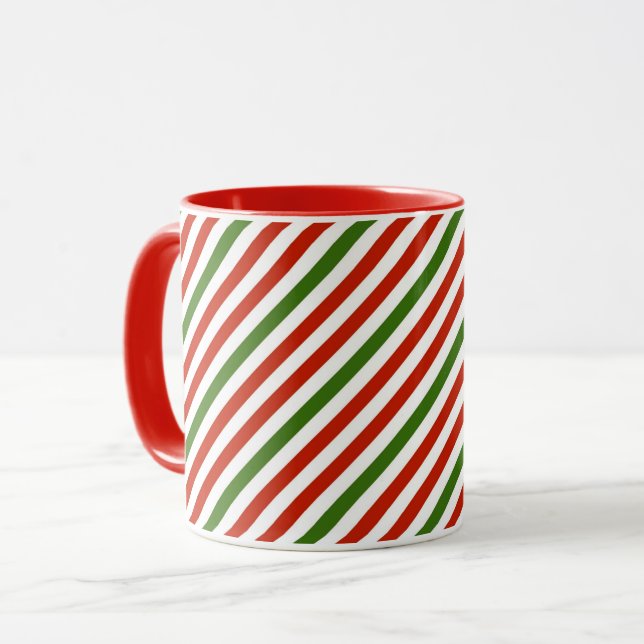 Festive Christmas Stripes, red and green, Mug (Front Left)