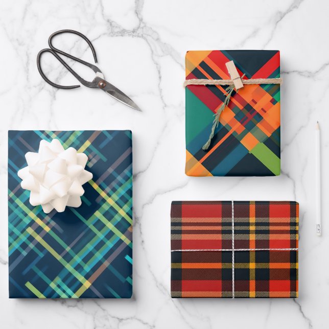Festive Christmas Stylish Plaid Pattern Set of 3 Wrapping Paper Sheets (Front)
