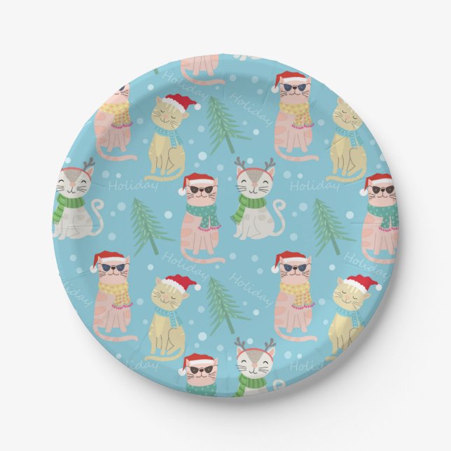 Festive Christmas Sunglasses Cats Design Paper Plates (Front)