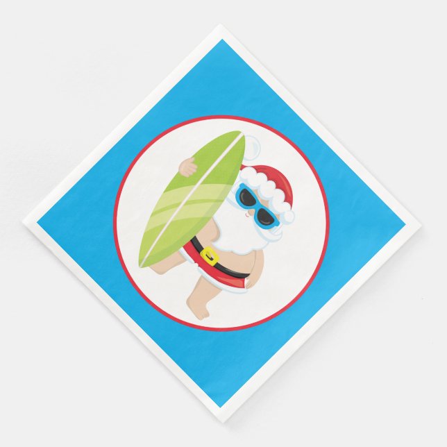 Festive Christmas surfer Santa Holiday Paper Dinner Napkins (Corner)