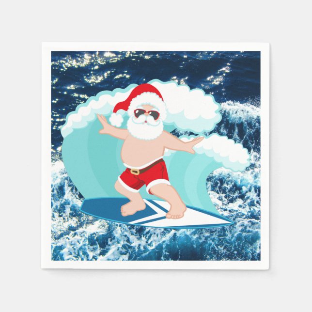 Festive Christmas Surfing Santa Beach   Napkins (Front)