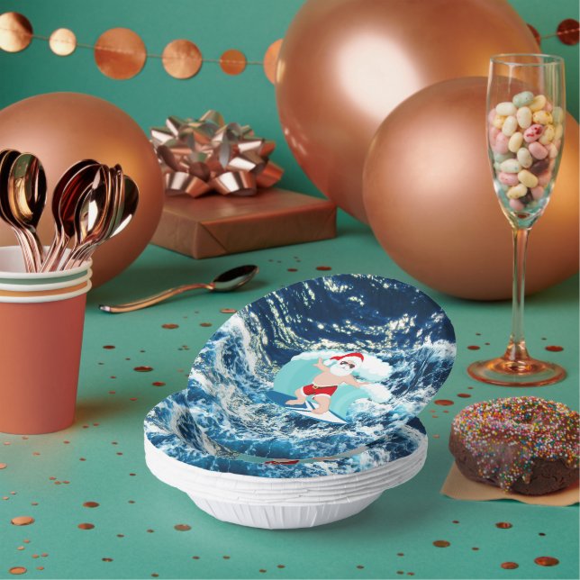 Festive Christmas Surfing Santa Beach  Paper Bowls (Multi)