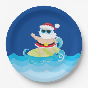 Festive Christmas surfing Santa Holiday Paper Plates