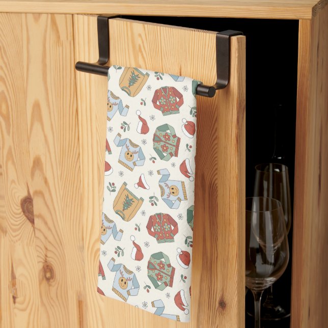 Festive Christmas Sweaters and Hats Pattern Kitchen Towel (Thirds Fold)