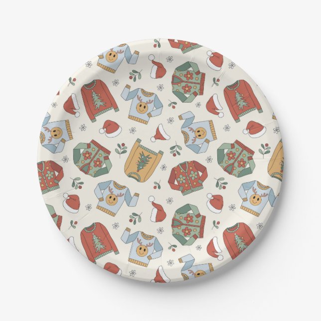 Festive Christmas Sweaters and Hats Pattern Paper Plates (Front)
