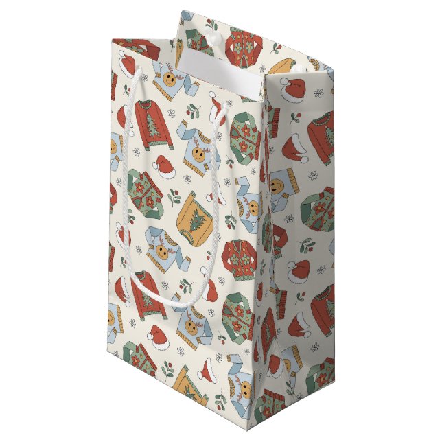 Festive Christmas Sweaters and Hats Pattern Small Gift Bag (Front Angled)