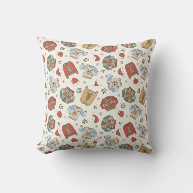 Festive Christmas Sweaters and Hats Pattern Throw Pillow (Front)