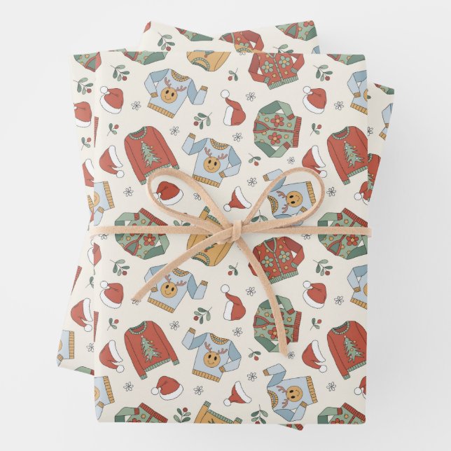 Festive Christmas Sweaters and Hats Pattern Wrapping Paper Sheets (In situ)