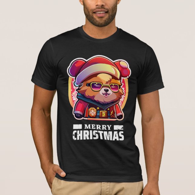 festive Christmas teddy bear cartoon t-shirt (Front)