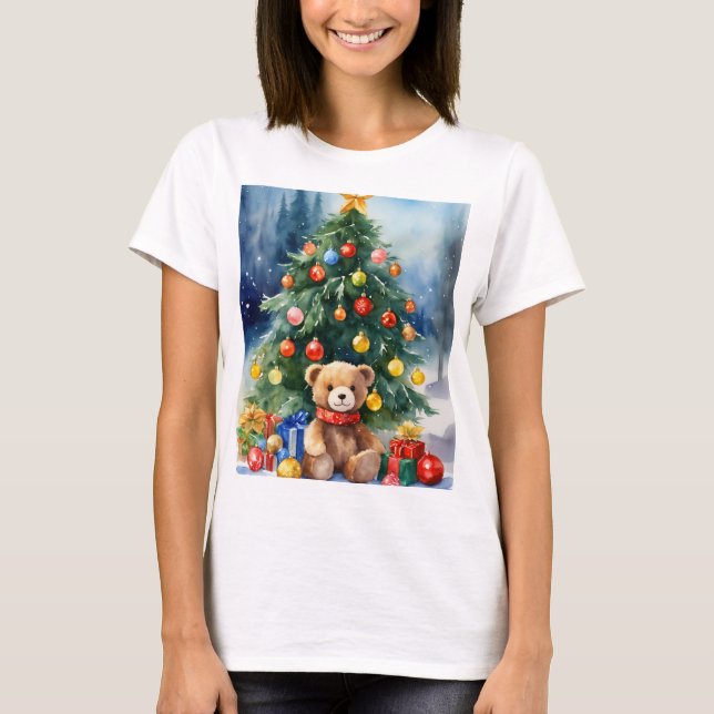 Festive Christmas Teddy Bear Print T-Shirt – Holid (Front)