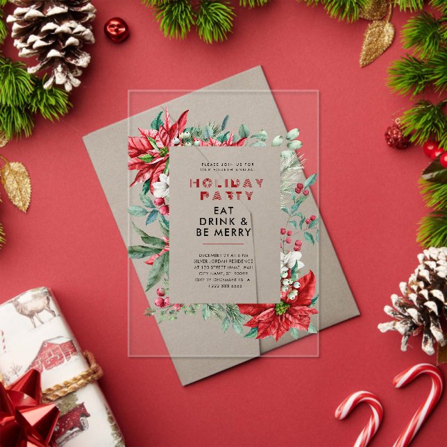 Festive Christmas Theme Poinsettia Frame Party Acrylic Invitations (Insitu (Holiday))