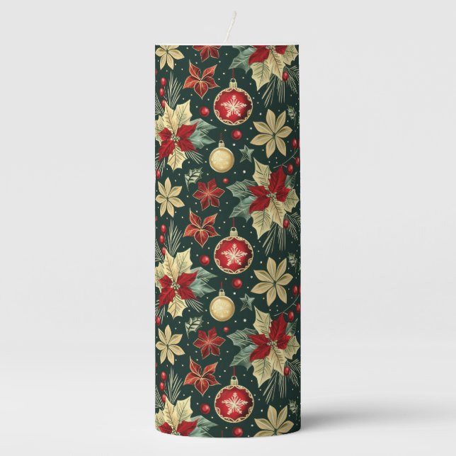 Festive Christmas Theme Poinsettia Pattern Pillar Candle (Front)