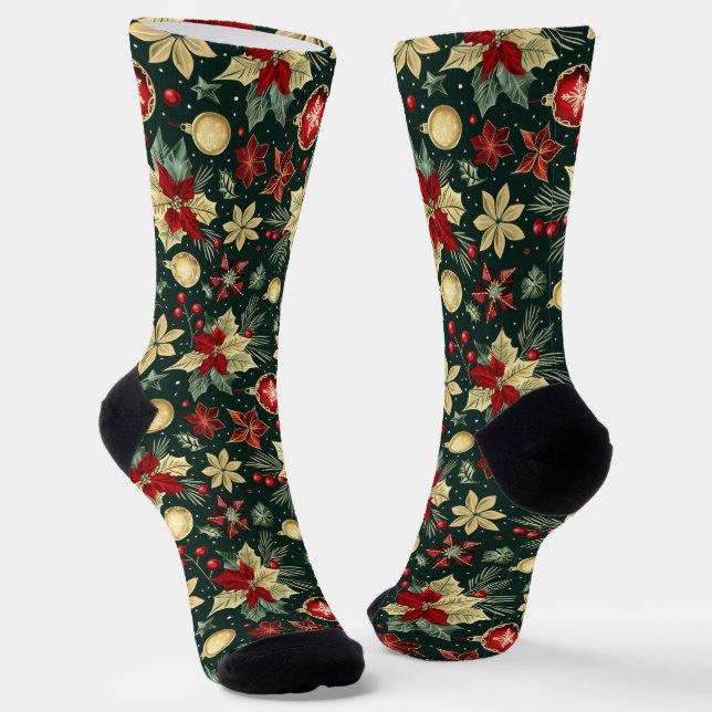 Festive Christmas Theme Poinsettia Pattern Socks (Angled)