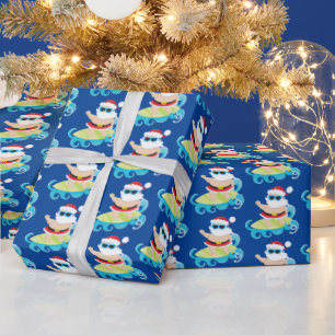 Festive Christmas tiled beach surfing Santa Wrapping Paper