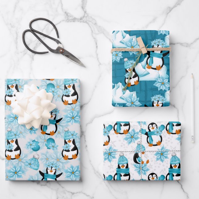 Festive Christmas tiled penguin pattern Wrapping Paper Sheets (Front)
