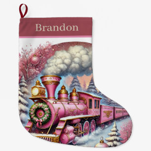 Festive Christmas train add name Large Christmas Stocking