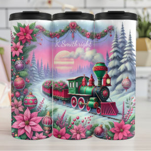 Festive Christmas Train Poinsettia Landscape Thermal Tumbler
