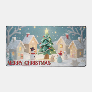 Festive Christmas Tree and Snowmen Scene Desk Mat