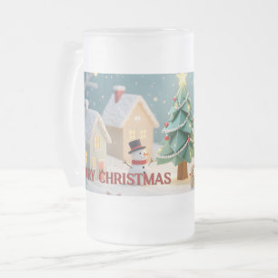 Festive Christmas Tree and Snowmen Scene Frosted Glass Beer Mug