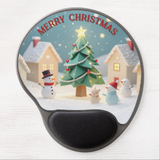 Festive Christmas Tree and Snowmen Scene Gel Mouse Pad