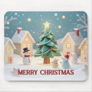 Festive Christmas Tree and Snowmen Scene Mouse Pad