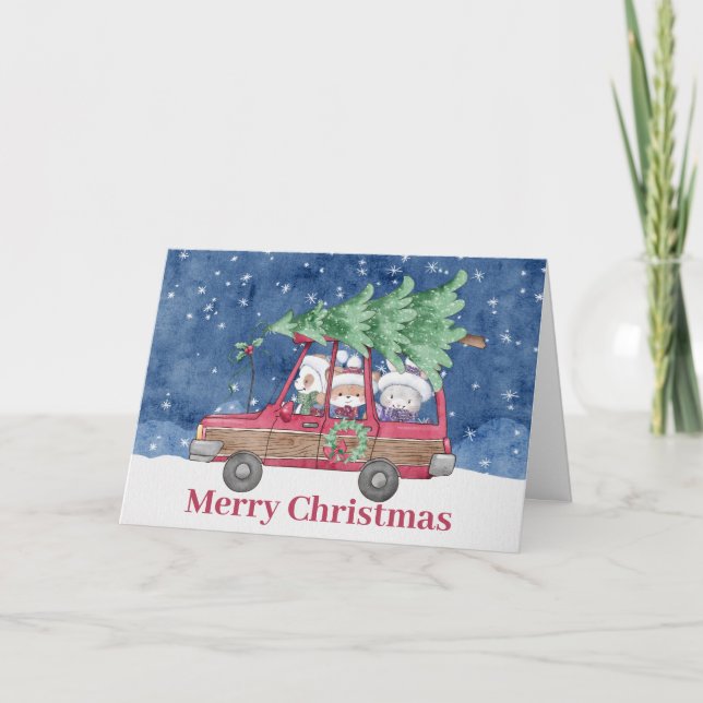 Festive Christmas Tree Animals Letterpress Thank You Card (Front)