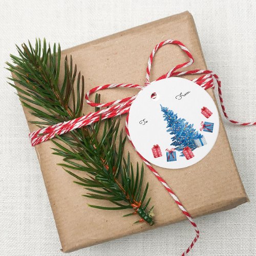 Festive Christmas Tree Blue Red Watercolor Gifts Favor Tags