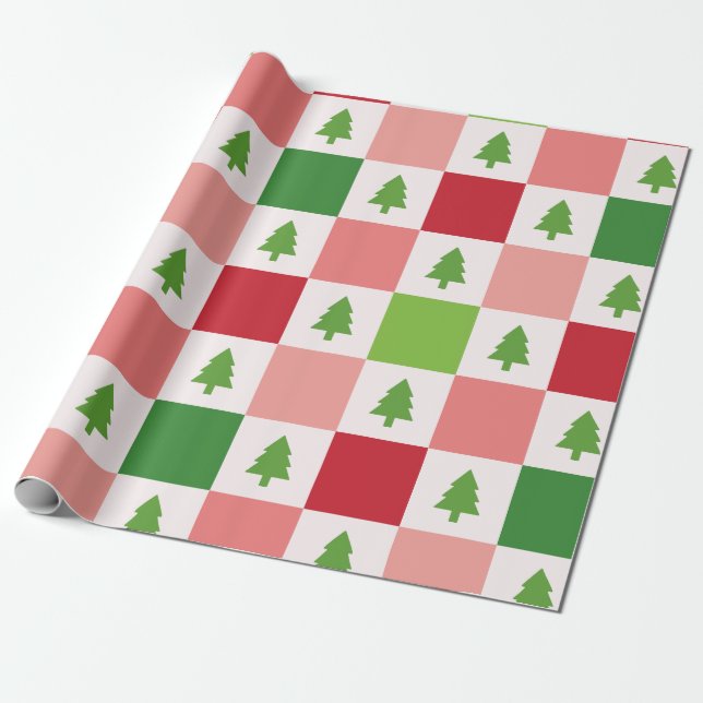 Festive Christmas Tree Checkerboard Pattern Wrapping Paper (Unrolled)