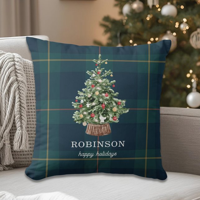 Festive Christmas Tree Family Name Holiday Throw Pillow (Creator Uploaded)