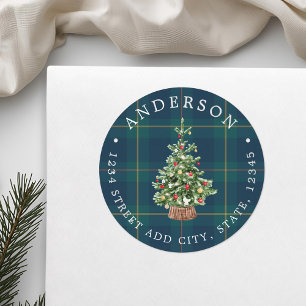 Festive Christmas Tree Family Name Return Address Classic Round Sticker