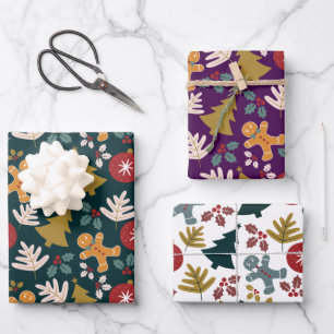 Festive Christmas Tree Gingerbread Men & Xmas Bell Wrapping Paper Sheets