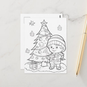 festive Christmas tree girl kid coloring Postcard