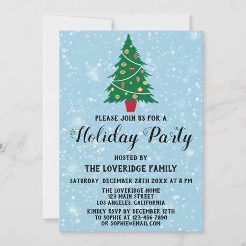 Festive Christmas Tree Holiday Party Blue Snow Invitation