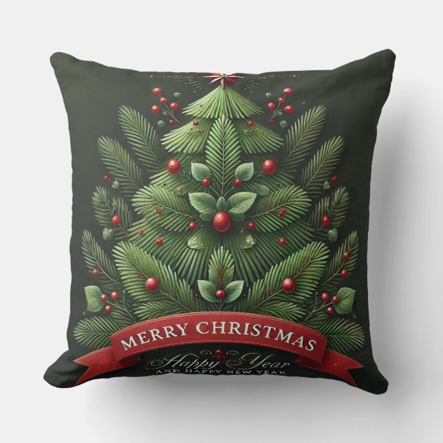 Festive Christmas Tree Illustration Throw Pillow (Front)