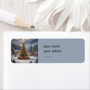 Festive Christmas tree in a mountain village Label