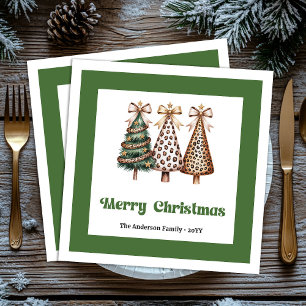 Festive Christmas Tree Leopard Print Dinner Napkin