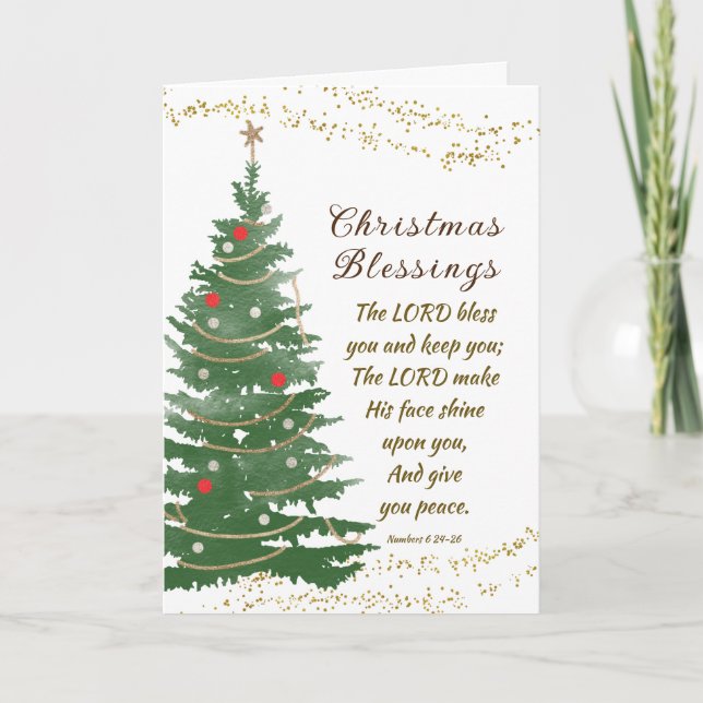 Festive Christmas Tree Lord Bless You Bible Verse Holiday Card (Front)