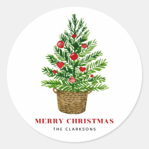 Festive Christmas Tree on Wicker Basket Christmas Classic Round Sticker