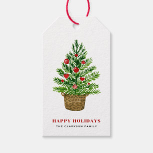 Festive Christmas Tree on Wicker Basket Holiday Gift Tags