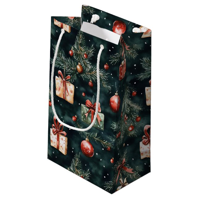 Festive Christmas Tree Ornaments and Gifts Pattern Small Gift Bag (Back Angled)
