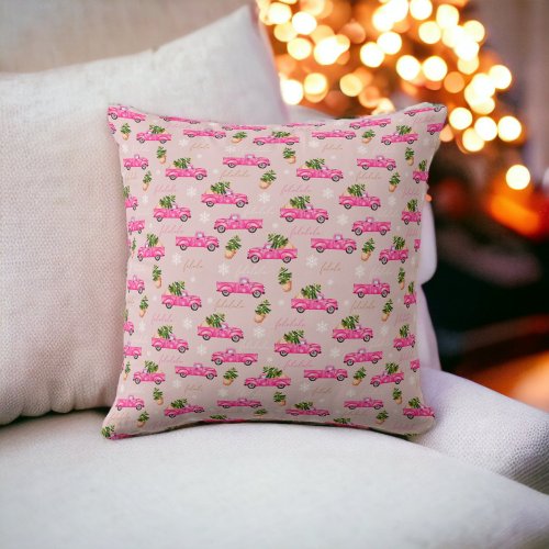 Festive Christmas tree pink watercolor truck Throw Pillow
