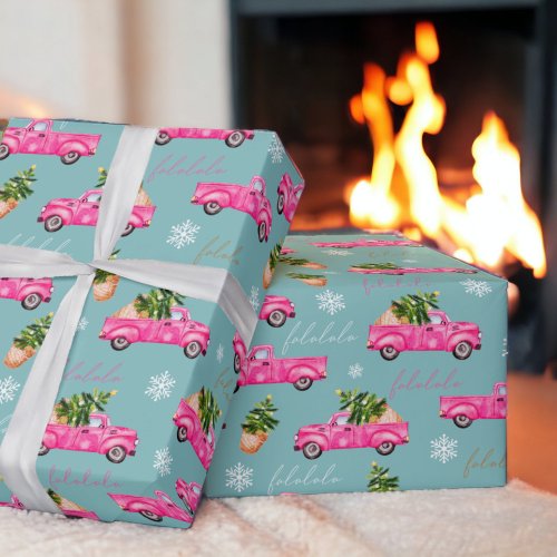 Festive Christmas tree pink watercolor truck Wrapping Paper