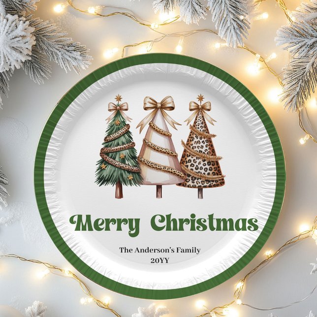 Festive Christmas Tree Plates Editable Personalize (Festive Christmas Tree Editable Custom Name Paper Plates)