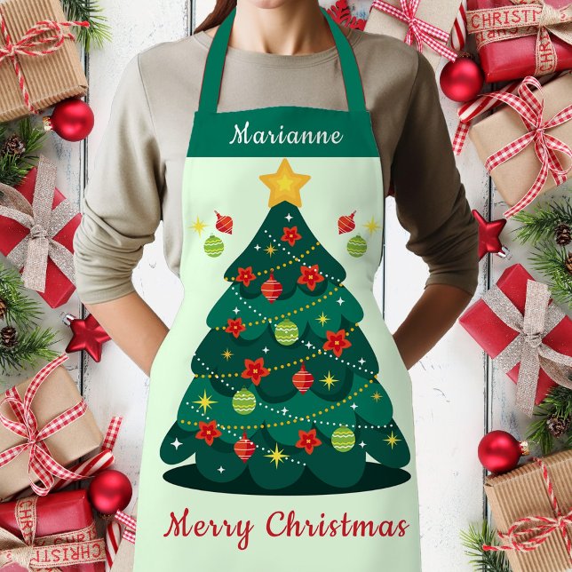 Festive Christmas Tree Poinsettia Design Apron (Cute Merry Christmas Decorated Christmas Tree Apron, Customize, Personalize)