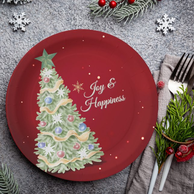 Festive Christmas Tree Red Background Holiday Paper Plates (Creator Uploaded)